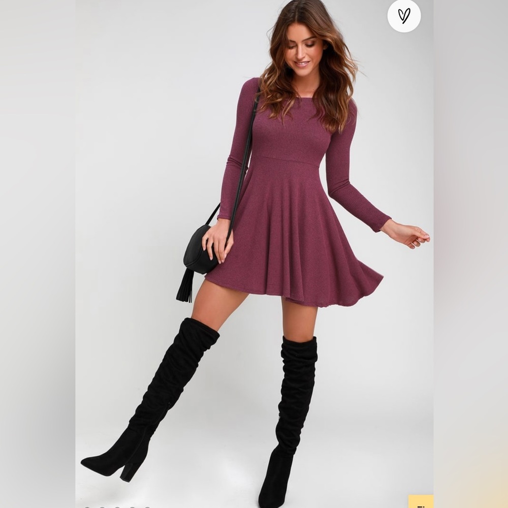 Lulu’s Velvet Burgundy Skater Dress Size Small